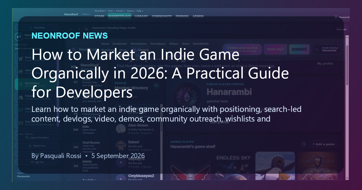 NeonRoof News social preview for How to Market an Indie Game Organically in 2026: A Practical Guide for Developers