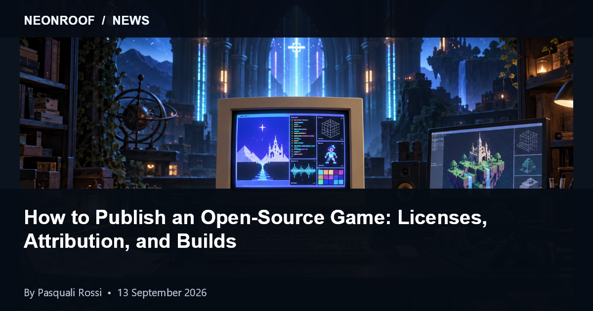 A retro and modern software workstation representing open-source game creation and responsible publishing