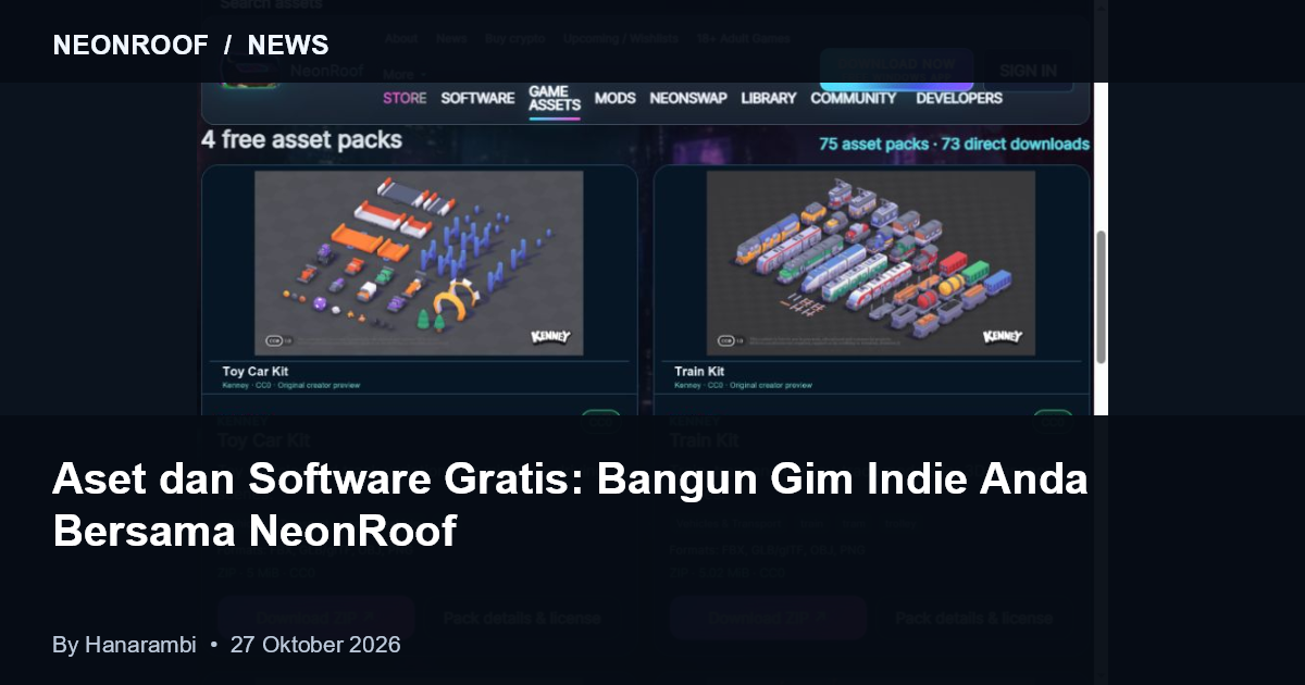 Direktori aset nyata NeonRoof, difilter ke paket kendaraan. Header mencatat 75 paket dan 73 unduhan langsung pada 27 Oktober 2026. Karya seni oleh pencipta yang disebutkan.
