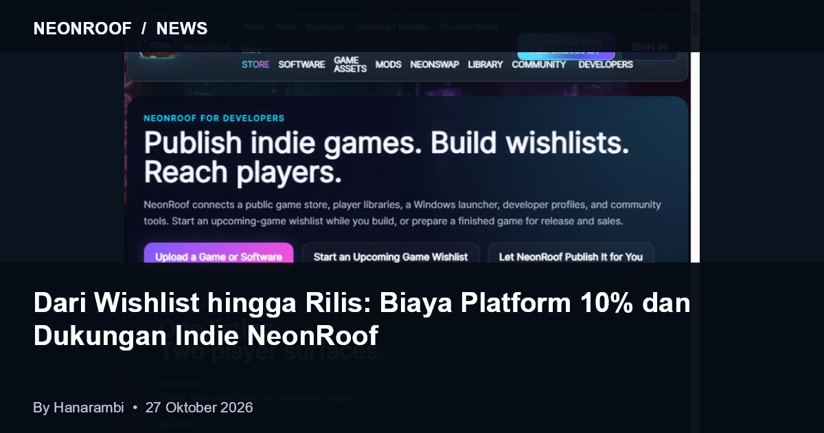 Ikhtisar penerbitan pengembang NeonRoof yang sebenarnya, menghubungkan daftar keinginan, toko umum, dan katalog Windows. Diambil 27 Oktober 2026.
