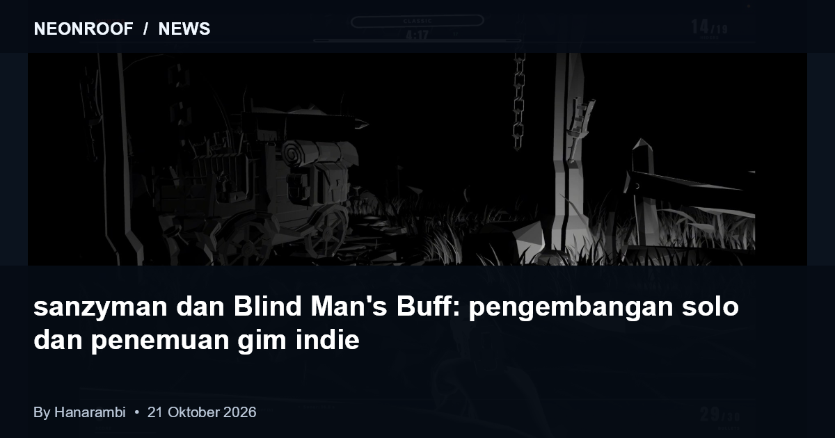 Gambar Blind Man's Buff: pandangan gelap pemburu dengan garis lingkungan dan karakter kecil