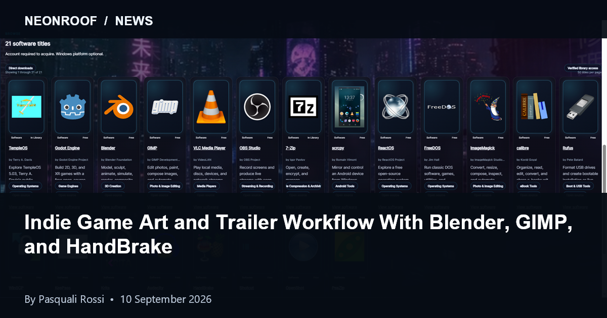 Indie game art and trailer workflow using Blender, GIMP, and HandBrake