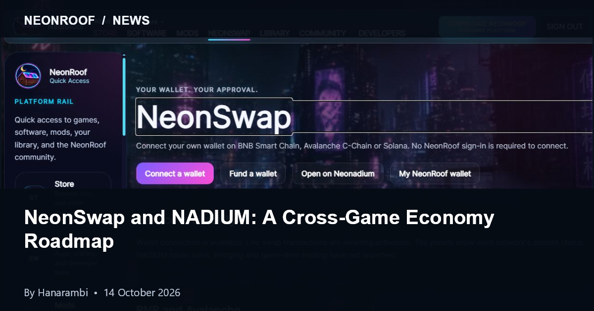 NeonSwap on NeonRoof: the actual wallet interface showing BNB, Avalanche and Solana access and the pre-launch NADIUM service status