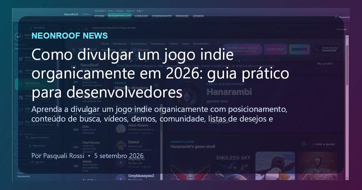NeonRoof News social preview for Como divulgar um jogo indie organicamente em 2026: guia prático para desenvolvedores