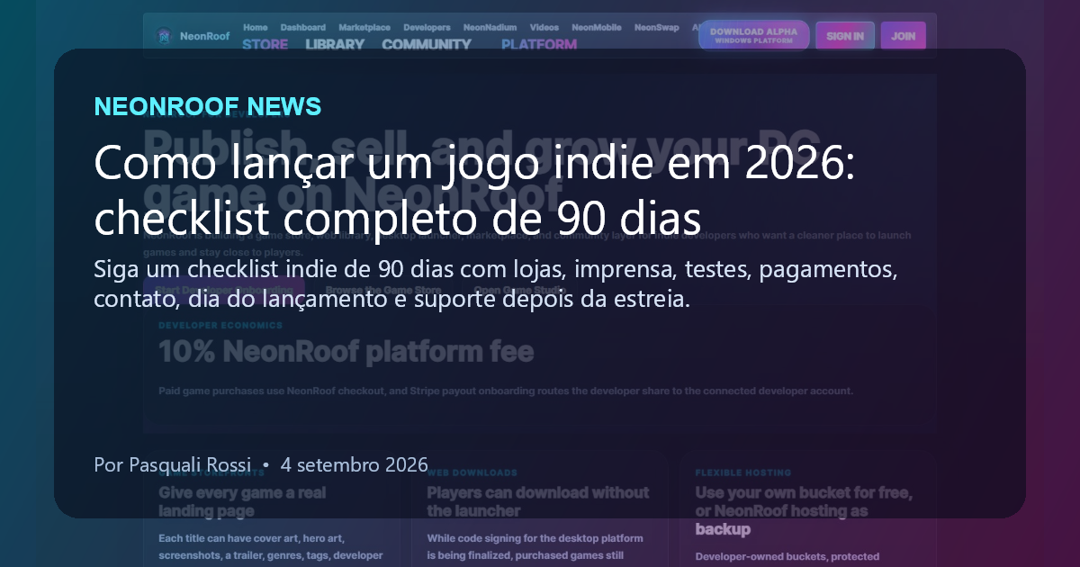 NeonRoof News social preview for Como lançar um jogo indie em 2026: checklist completo de 90 dias