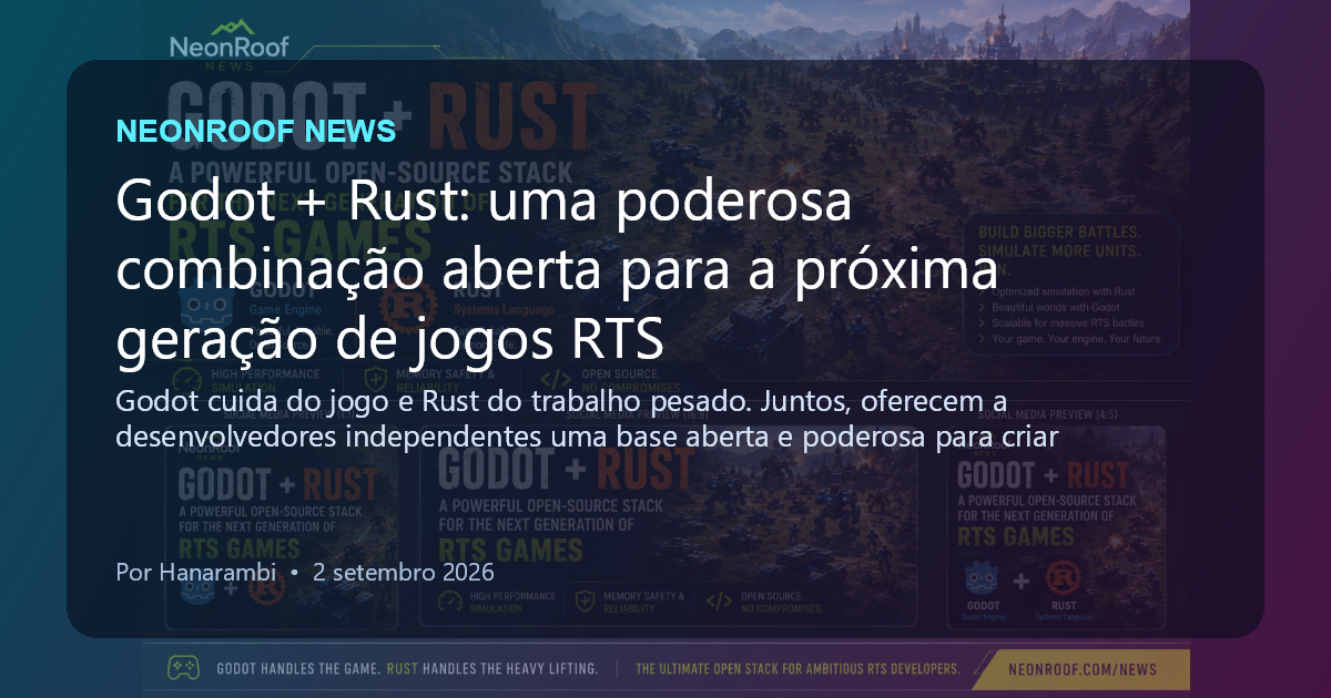 NeonRoof News social preview for Godot + Rust: uma poderosa combinação aberta para a próxima geração de jogos RTS