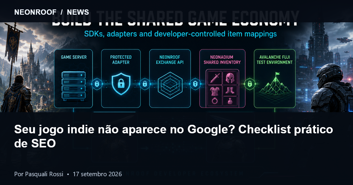 Ecossistema NeonRoof conectando páginas de jogos, perfis de estúdios e recursos de descoberta