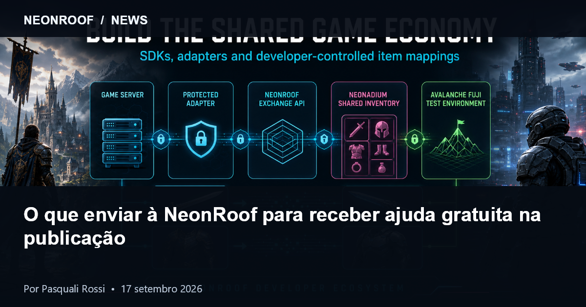 Ecossistema de publicação NeonRoof com páginas de jogos e desenvolvedores conectadas