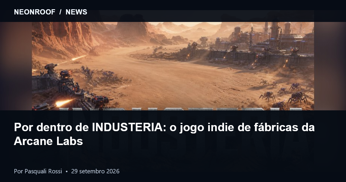Arte panorâmica de INDUSTERIA com uma colônia industrial alienígena e suas defesas