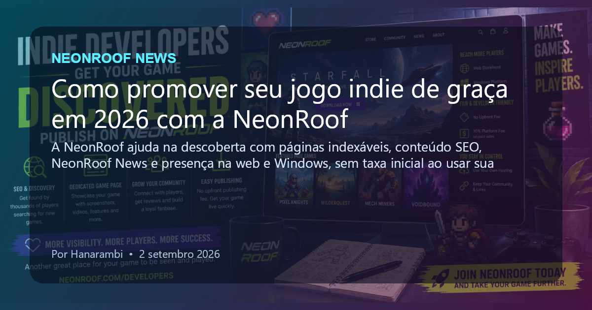 NeonRoof News social preview for Como promover seu jogo indie de graça em 2026 com a NeonRoof