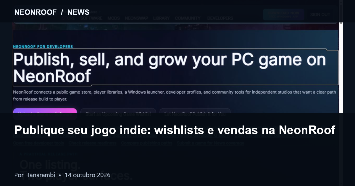 Página real de publicação da NeonRoof, capturada em 14 de outubro de 2026: jogos, wishlists e descoberta conectada.