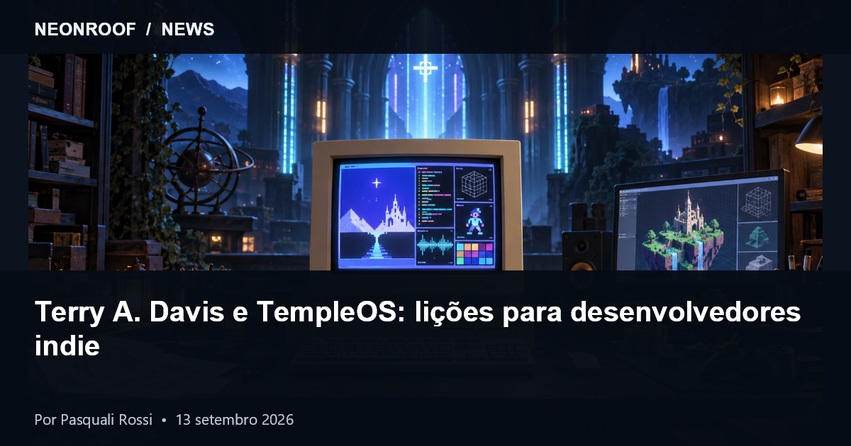 Um computador retrô e uma estação moderna de desenvolvimento representando TempleOS e software independente