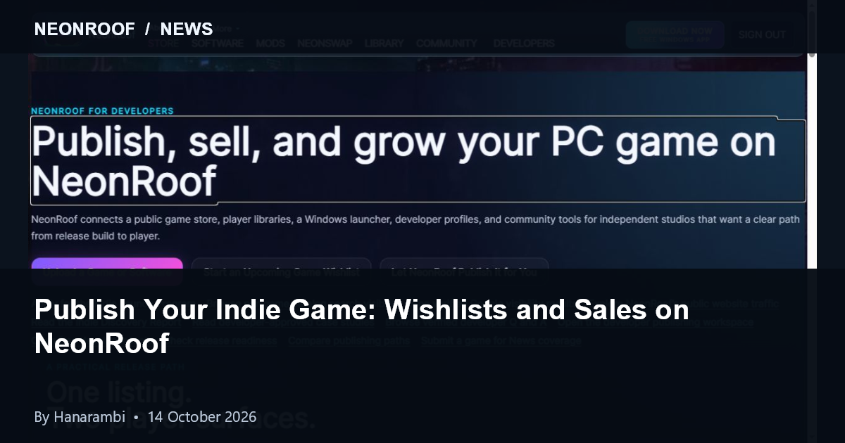 Actual NeonRoof developer publishing page, captured October 14, 2026: game publishing, wishlists and connected discovery.