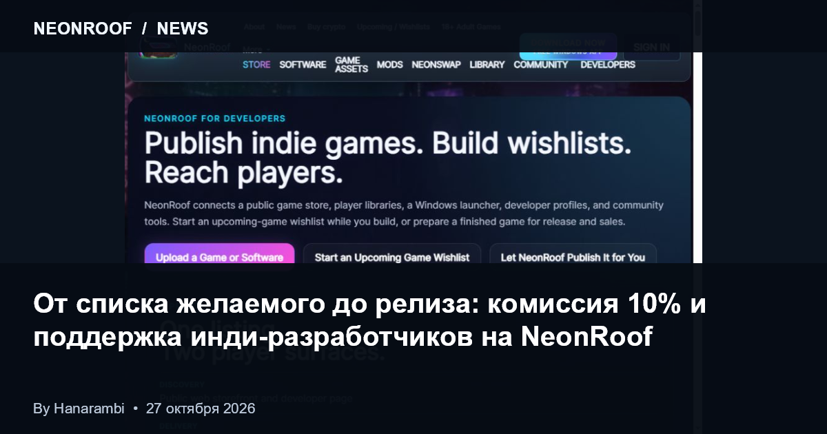 Фактический обзор публикаций разработчиков NeonRoof, объединяющий списки пожеланий, общедоступный магазин и каталог Windows. Захвачен 27 октября 2026 года.