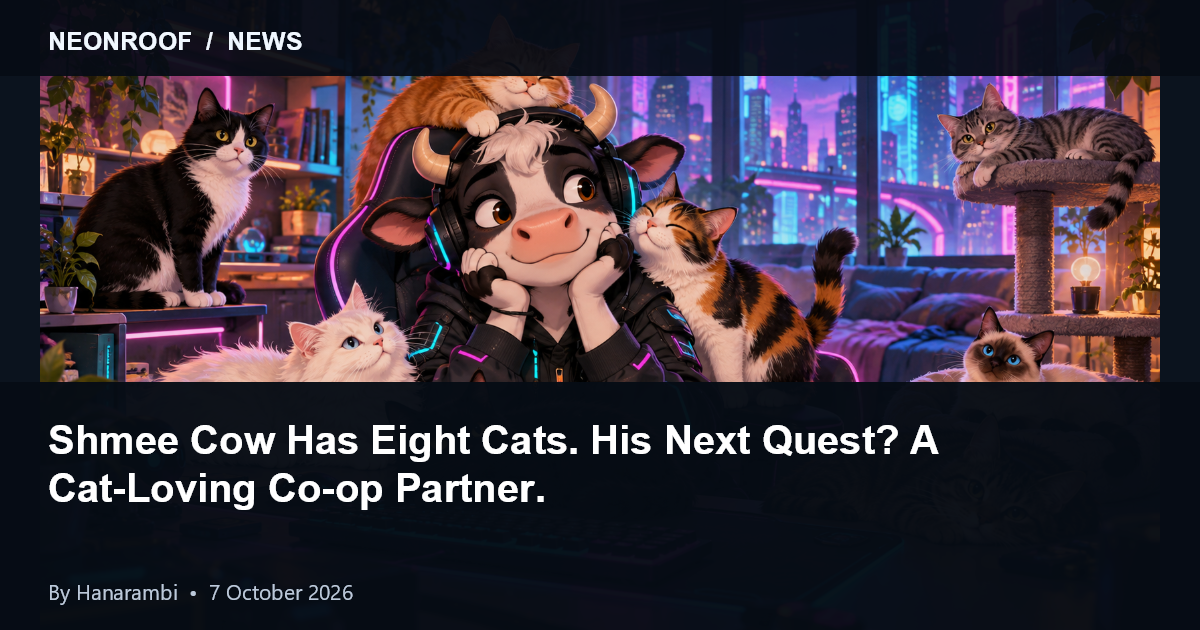 Playful cyberpunk illustration of Shmee Cow's headset-wearing cow mascot surrounded by eight cats.