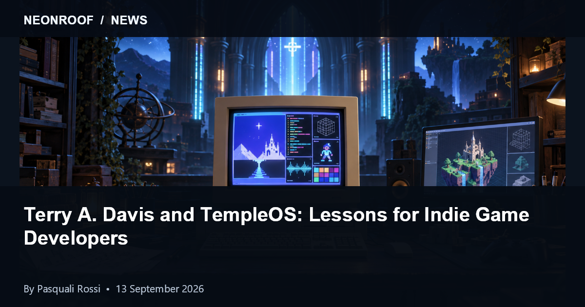 A retro computer and modern game-development workstation representing TempleOS and independent software creation