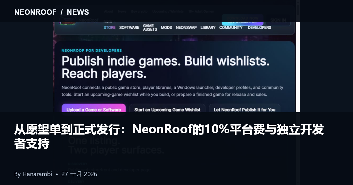 NeonRoof 的实际开发者发布概述，连接愿望清单、公共商店和 Windows 目录。拍摄于 2026 年 10 月 27 日。